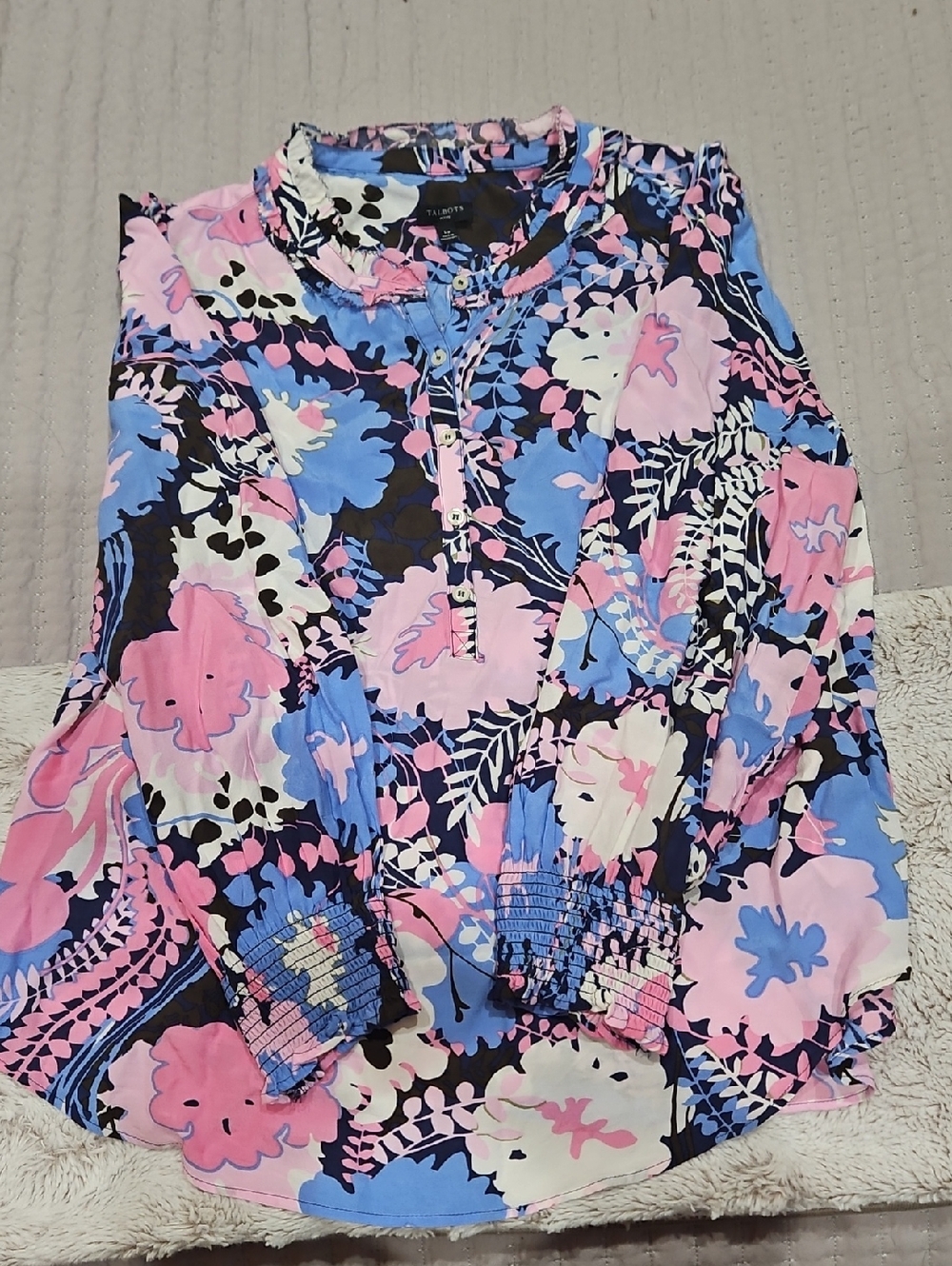 Talbots Pink, Blue & Black Floral Long-Sleeve Blouse